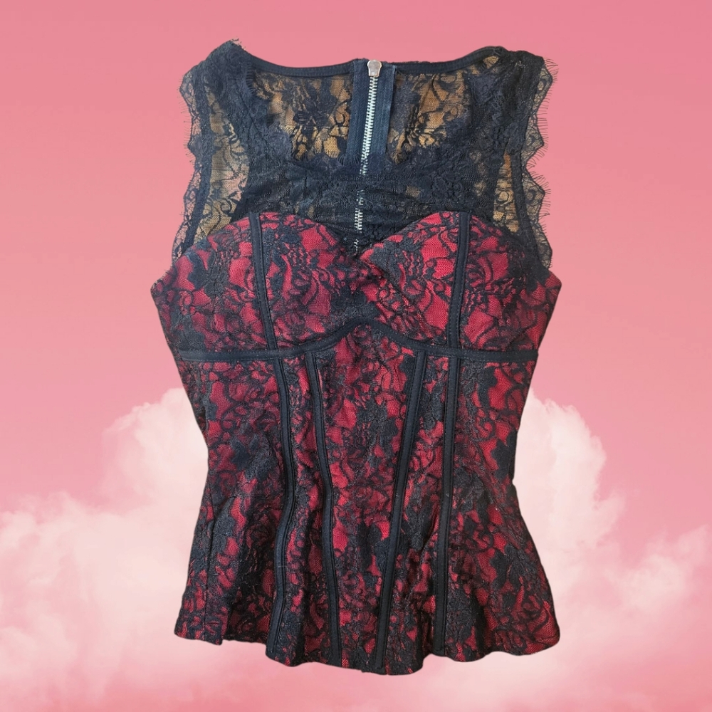Vintage Fredericks Of Hollywood Black and Red Lace Bustier Top